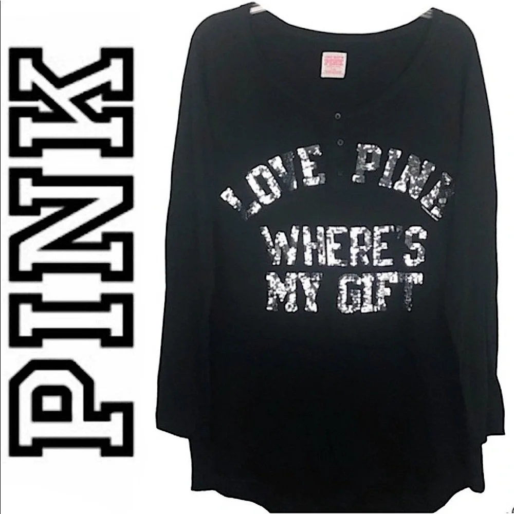 Victoria’s Secret Pink Vintage Where’s My Gift Sequin Black Pajama Sleep Shirt M